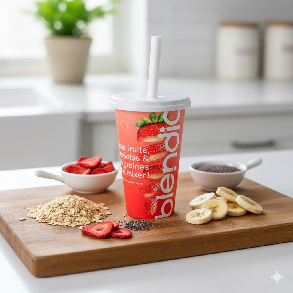 Blendio fraises sur le comptoir avec des cereales 